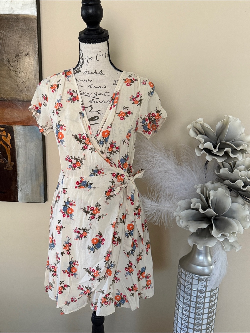 Floral Wrap Dress in Cream with Tie Waist